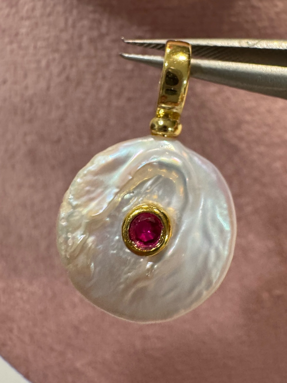 Gold Plated Mother of Pearl Ruby Red Stone Charm